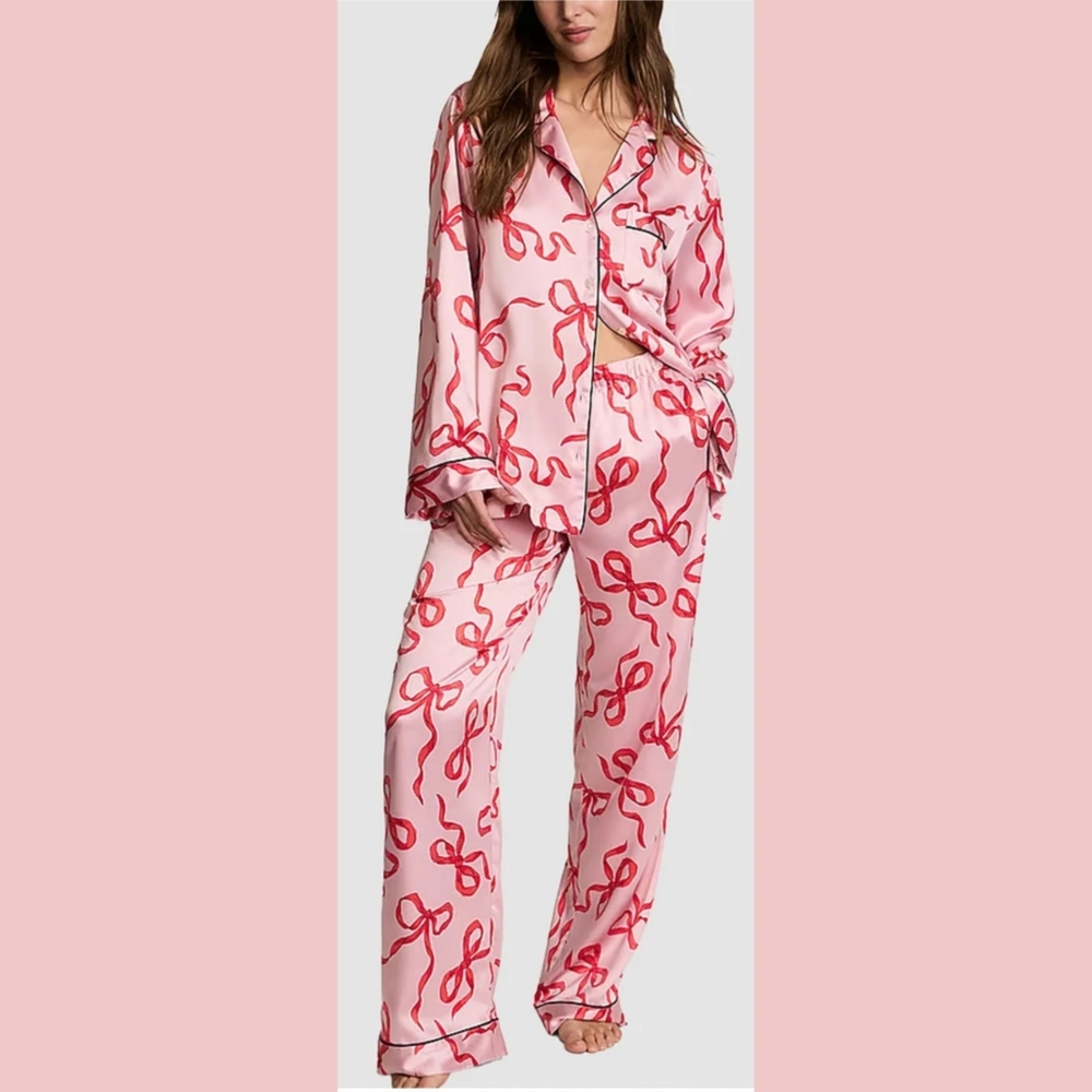 Pink pajamas with red bows and black trim satin feel